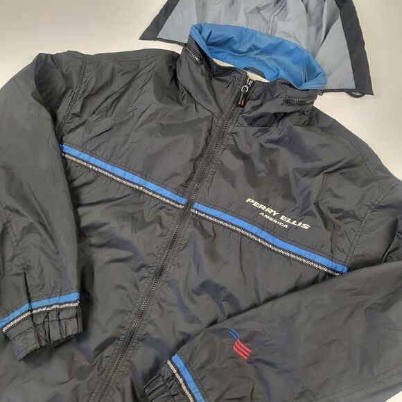 Vintage 90s Y2K Perry Ellis Windbreaker Lightweight Rain Jacket Large Blue - Picture 2 of 12